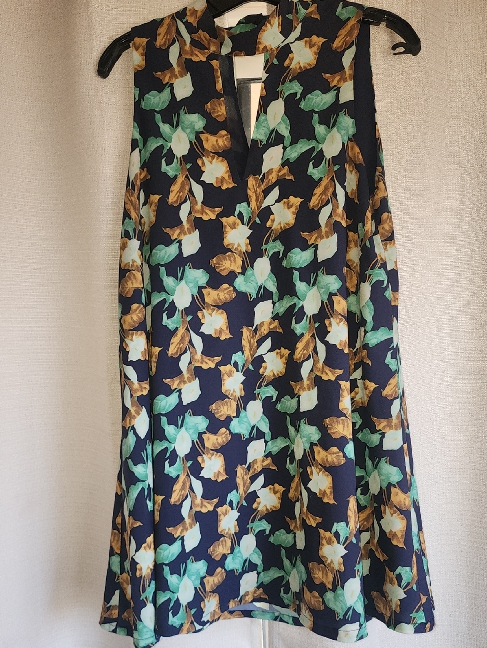 J.O.A. Navy A-Line Dress with Green and Gold Floral Print